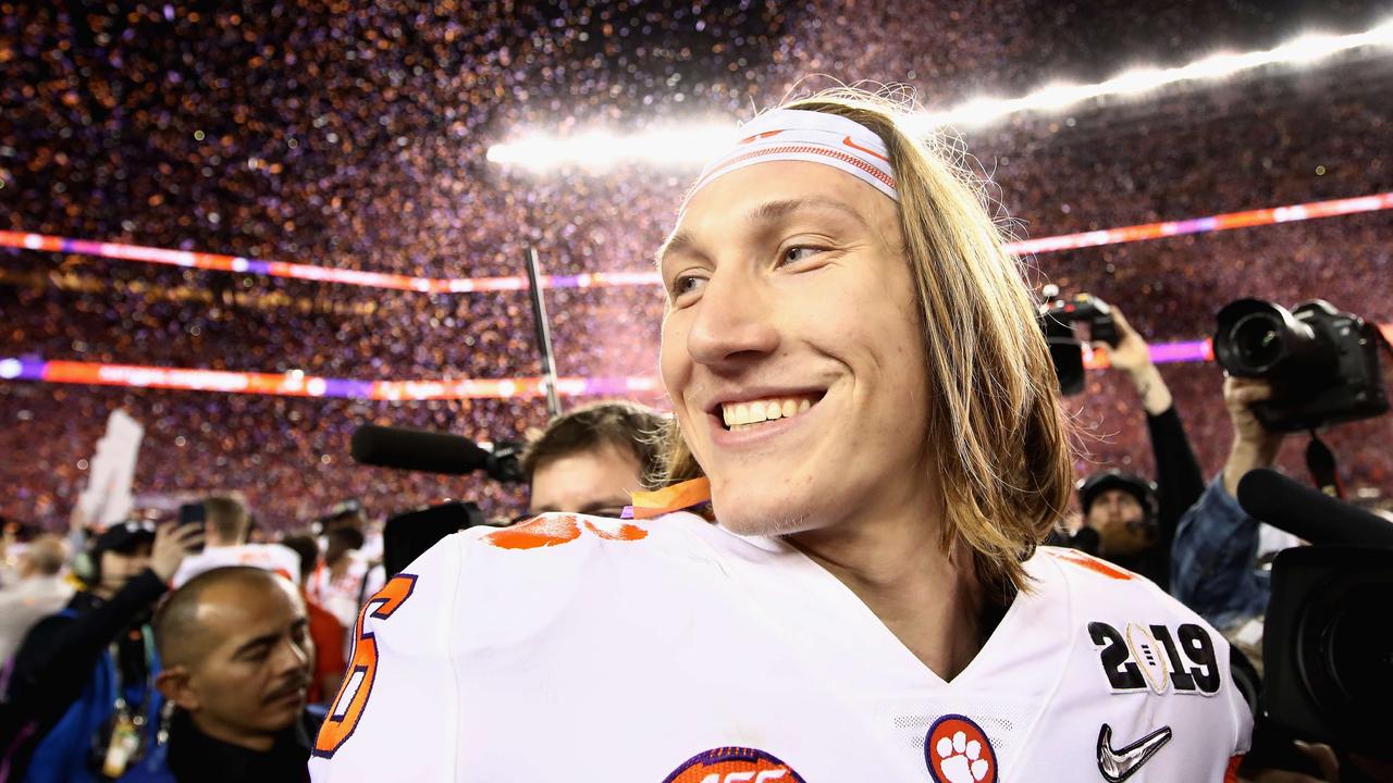 Trevor Lawrence #16 of the Clemson Tigers reacts after his teams 44-16 win over the Alabama Crimson Tide in the CFP National Championship.