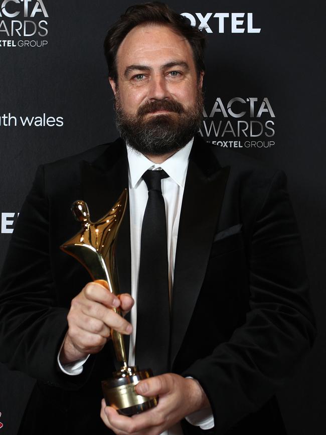 Justin Kurzel in Sydney with his 2021 AACTA Award for Best Direction in Film for Nitram. Picture: Lisa Maree Williams