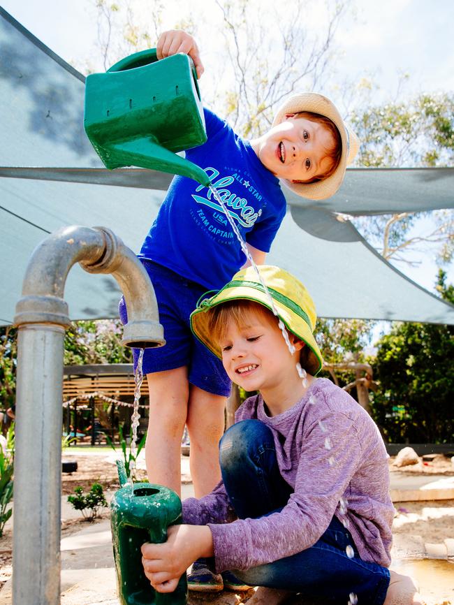 Arthur Batterham, 5, and Marko Geldenhuys, 5, play together at Gowrie NSW Erskineville Early Education &amp; Care. Picture: Jonathan Ng