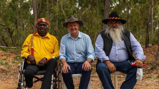 Prime Minister of Australia Anthony Albanese, Senator Patrick Dodson and Galarrwuy Yunupingu during the Garma Festival 2022. Picture: Tamati Smith/ Getty Images