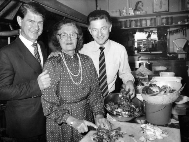 Brothers Primo and Giocondo Caon with their mother Giuseppina in kitchen of Rigoni's Bistro.