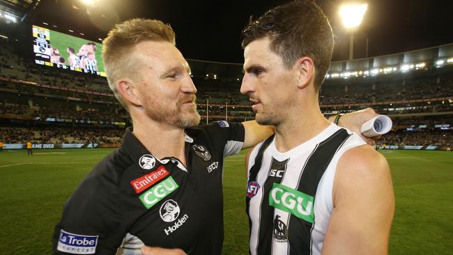 Collingwood coach Nathan Buckley hugs skipper Scott Pendlebury after Collingwood’s win. Picture: Michael Klein