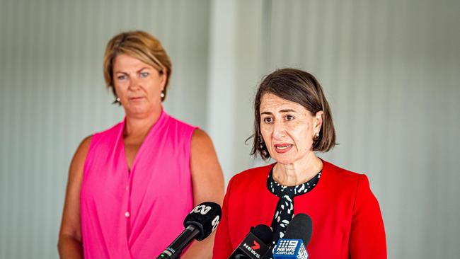 Member for Oxley and Minister for Water, Property and Housing Melinda Pavey with Premier Gladys Berejiklian who visited Urunga in January this year. Picture: NCA NewsWire / Gethin Coles