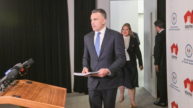 Premier Peter Malinauskas and Child Protection Minister Katrine Hildyard arrive at the press conference on Wednesday to announce the report. Picture: NCA NewsWire / Brenton Edwards