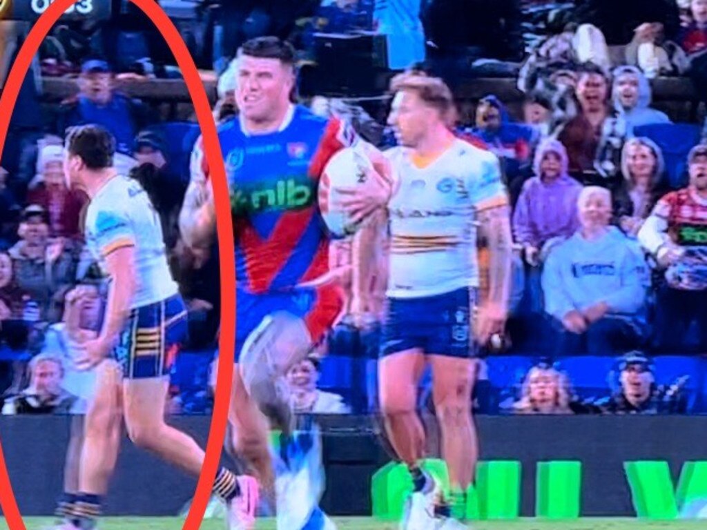 Mitchell Moses spraying captain Clint Gutherson after a shocking pass was pounced on by Bradman Best.