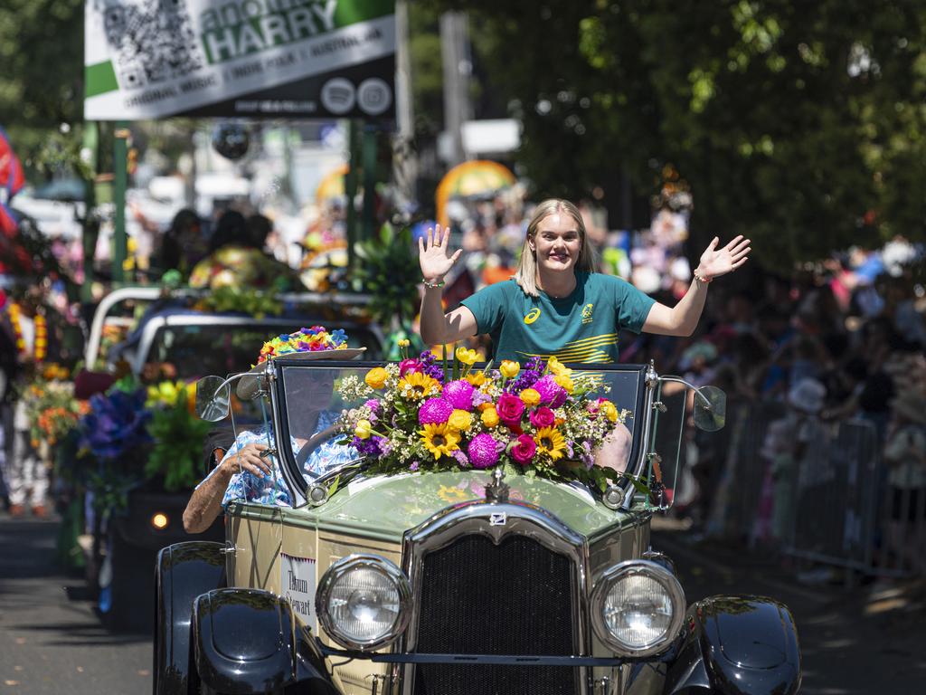 Olympian Tatum Stewart in the Grand Central Floral Parade of the Carnival of Flowers, Saturday, September 21, 2024. Picture: Kevin Farmer