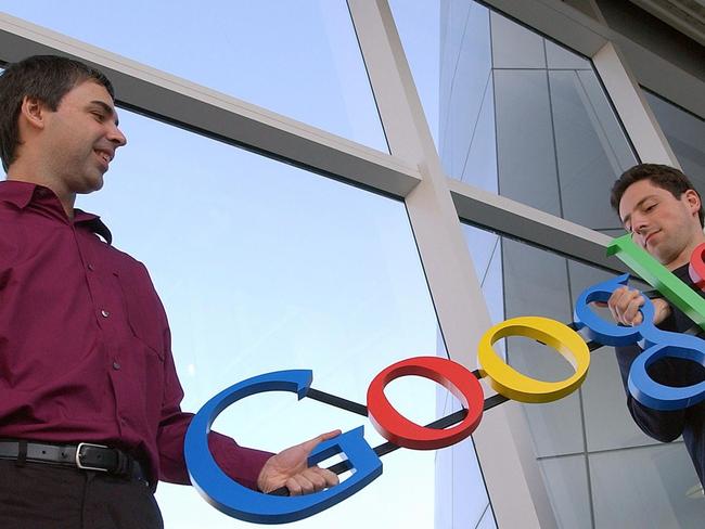 Google co-founders Larry Page, left, and Sergey Brin in more youthful days in 2004. Picture: AP