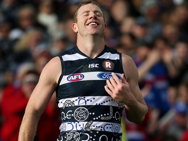 AFL Round 16 - Geelong v Western Bulldogs at Simonds Stadium. Steve Johnson can's believe his kick was smothered. 18th July 2015.  Picture: Colleen Petch.