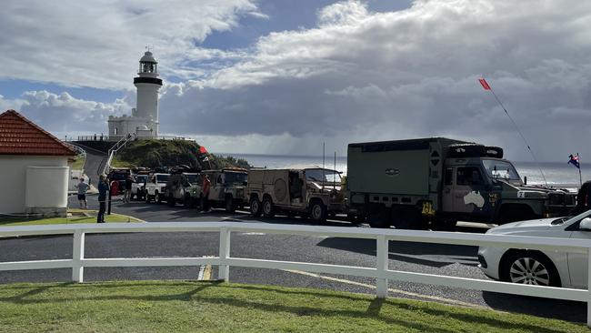 The Land Rovers parked up in Byron before the group sets off. Picture: Savannah Pocock