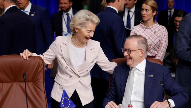 Anthony Albanese talks with European Commission President Ursula von der Leyen. Picture: Ludovic Marin