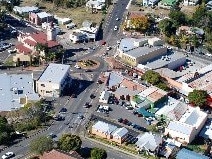 Aerial photograph of Gympie city showing the area around Fiveways at the intersection of Mary, Mellor and Lawrence Sts and Calton and Caledonian Hills.