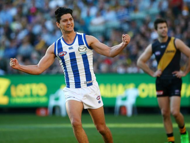 Robin Nahas celebrates a goal for North Melbourne against Richmond in the 2015 elimination final at the MCG. Picture: Colleen Petch.