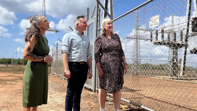 NT Energy Minister Kate Worden, federal Energy Minister Chris Bowen, and NT Chief Minister Eva Lawler as the Albanese government commits $250m to improve the NT grid as part of the Rewiring the Nation program. Picture: Fia Walsh.