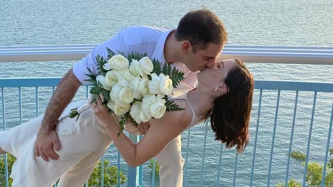 Darwin couple Mikey Barwick and Paige Strube had planned to get married at a big ceremony on Saturday. Instead, they hosted the ceremony on Facebook Live due to new coronavirus restrictions. Picture: Caitlyn Davey