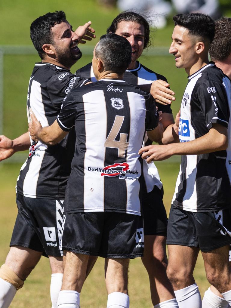 Willowburn celebrate a goal against West Wanderers in U23 men FQ Darling Downs Presidents Cup football at West Wanderers, Sunday, July 24, 2022. Picture: Kevin Farmer