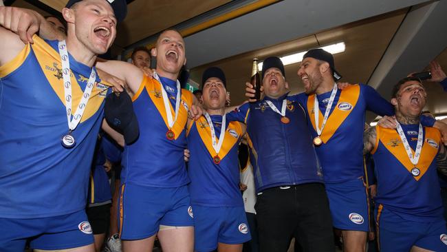 Deer Park and former coach Marc Bullen celebrate another WRFL Division 1 grand final triumph. Picture: Local Legends Photography