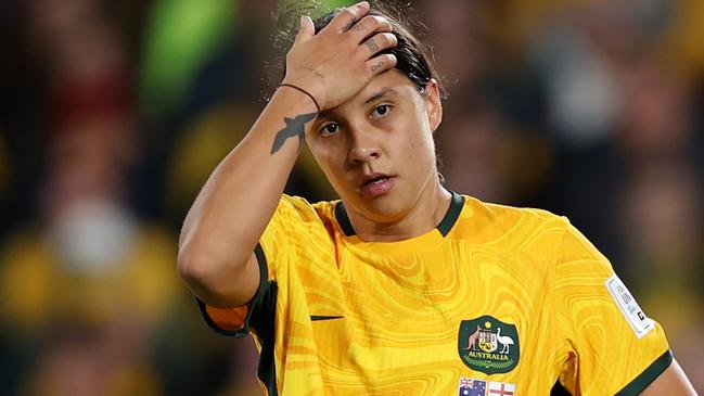 SYDNEY, AUSTRALIA - AUGUST 16: Sam Kerr of Australia reacts after England's second goal  during the FIFA Women's World Cup Australia & New Zealand 2023 Semi Final match between Australia and England at Stadium Australia on August 16, 2023 in Sydney, Australia. (Photo by Alex Pantling - FIFA/FIFA via Getty Images)