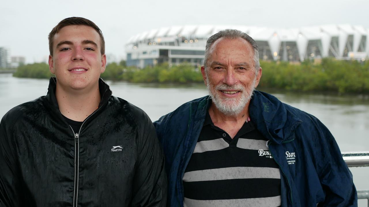 Noah Halliday and grandfather Kent Adams before the NRL All Stars matches in Townsville on Friday. Picture: Blair Jackson