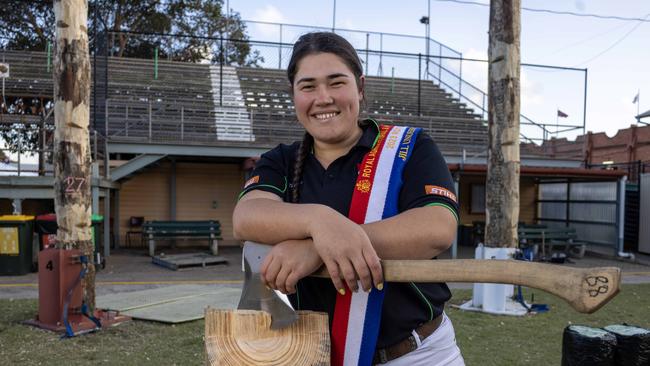 Most successful woodcutting Female Competitor Takiah Moore-Barrett at the Royal Adelaide Show. Picture: Kelly Barnes