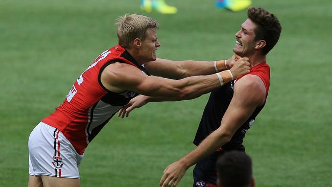 Nick Riewoldt grabs Tomas Bugg during a pre-season game. Picture: Wayne Ludbey