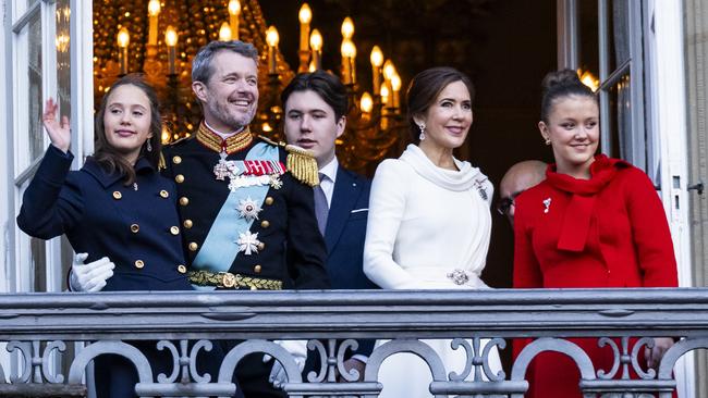 King Frederik X with Queen Mary, Crown Prince Christian, Princess Isabella and Princess Josephine on the balcony at Amalienborg Castle on Sunday. Picture: AFP