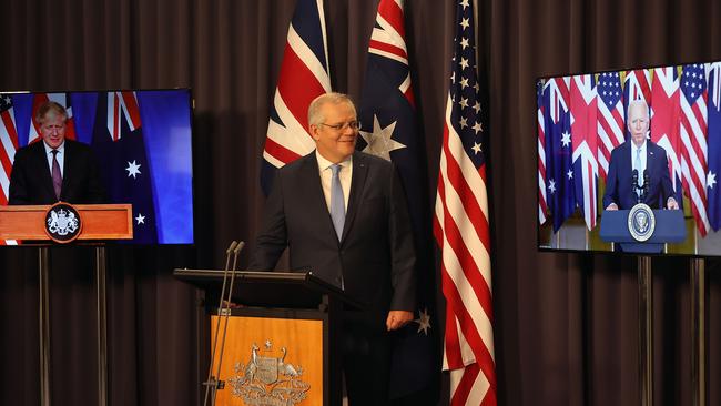 Former prime minister Scott Morrison announced the AUKUS deal in 2021 alongside former UK prime minister Boris Johnson and United States President Joe Biden. Picture: NewsWire/Gary Ramage