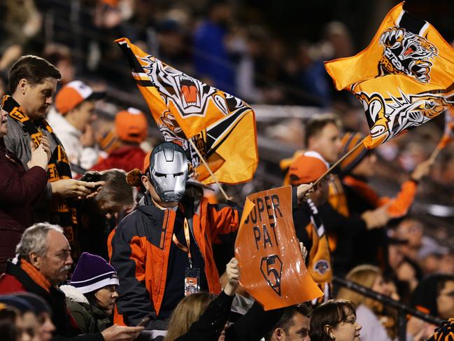 Tigers fans during the Wests Tigers v Melbourne Storm rugby league game at Leichhardt Oval, Sydney. Pic Brett Costello