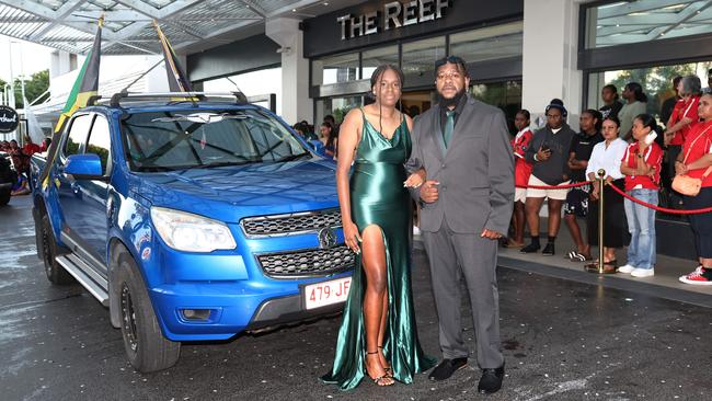 Shandrella Piliot and Naldia Pilot arrive at the Mount St Bernard College senior formal evening, held at the Pullman Reef Hotel Casino. Picture: Brendan Radke