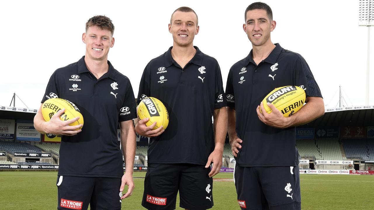 Carlton’s three-man leadership group Sam Walsh, Patrick Cripps and Jacob Weitering. Picture: Andrew Henshaw