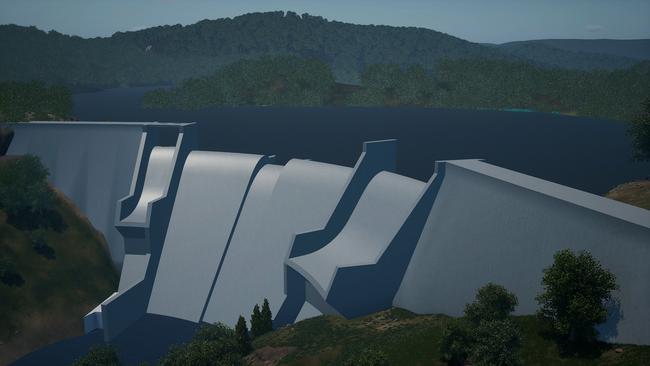 The current proposed design for Mount Bold Dam features a three-stage spillway along the dam crest. Picture: Artist impression