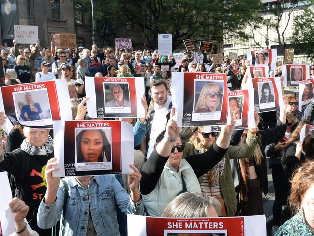 Thousands gathered at the State Library for the national rally against gender based violence. Picture: Andrew Henshaw