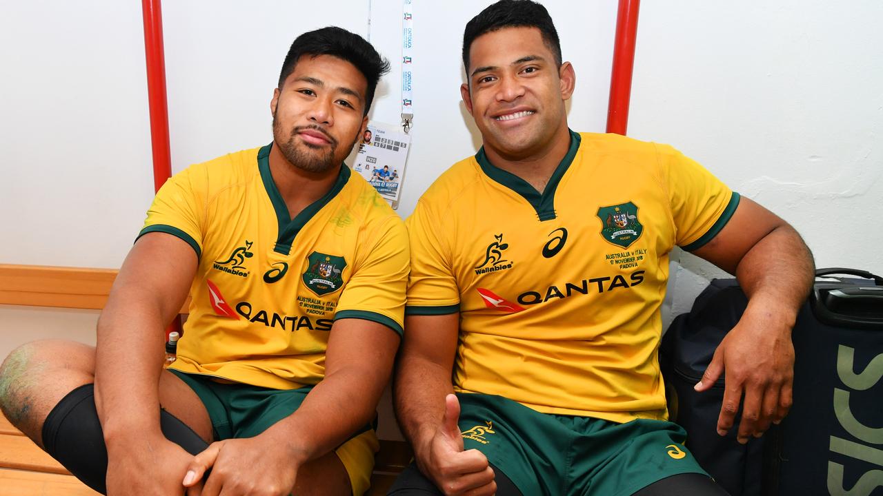 Folau Fainga’a and Scott Sio of Australia after victory at Stadio Euganeo in Padova.