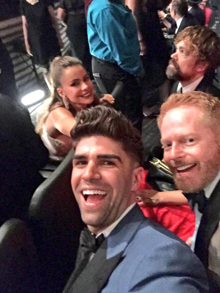 Jesse Tyler Ferguson with Justin Mikita, Sofia Vergara and Peter Dinklage, "We're here!" Picture: Instagram