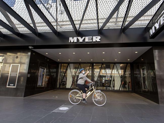 MELBOURNE, AUSTRALIA - NewsWire Photos October 11 2020:  A woman rides a bicycle up a deserted Bourke st mall on Sunday afternoon during stage 4 restrictions in Melbourne.  Picture: NCA NewsWire / David Geraghty