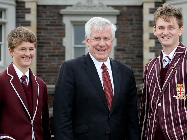 31/07/15. Prince Alfred College is demolishing part of its main building to make way for a new dining hall and kitchen. Headmaster Bradley Fenner with boarders L-R Tom Willson, 14, and Alex Glover, 17. Pic. Noelle Bobrige