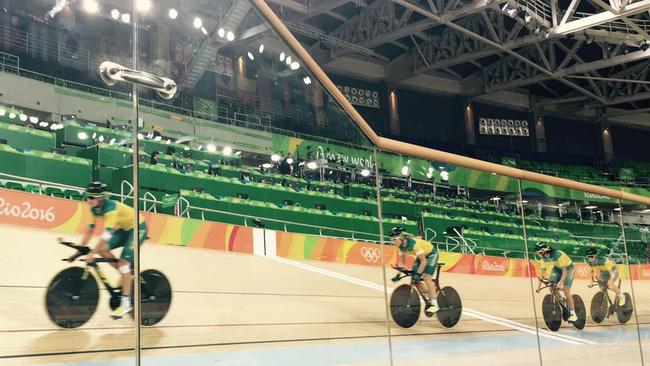 The Australian women’s pursuit squad return to the velodrome.