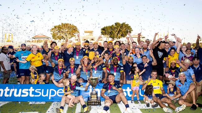 Norths celebrate the Premiership in the Intrust Super Cup Grand Final between Wynnum Manly Seagulls and Norths Devils at Redcliffe Dolphins, Sunday, October 10, 2021 - Picture: Richard Walker