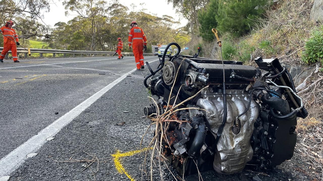 Tthe Landcruiser's engine detached and dropped down an embankment. The Cruise crashed into a wall. Picture: Gary Juleff