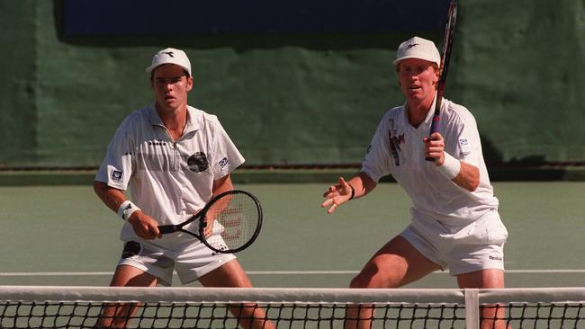 Todd Woodbridge and Mark Woodforde compete in the Australian Hardcourt Championship at Memorial Drive in 1996.