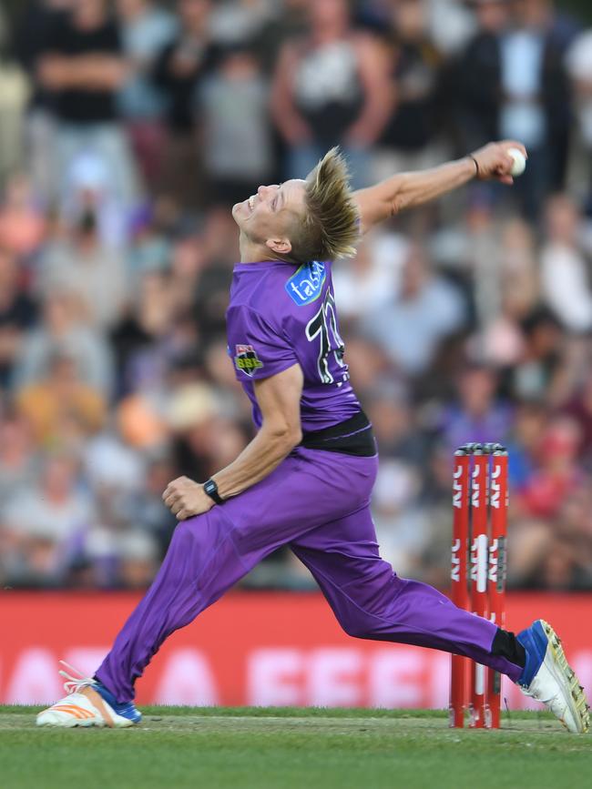 Nathan Ellis bowls during the Big Bash League eliminator finals match. Picture: STEVE BELL/GETTY IMAGES