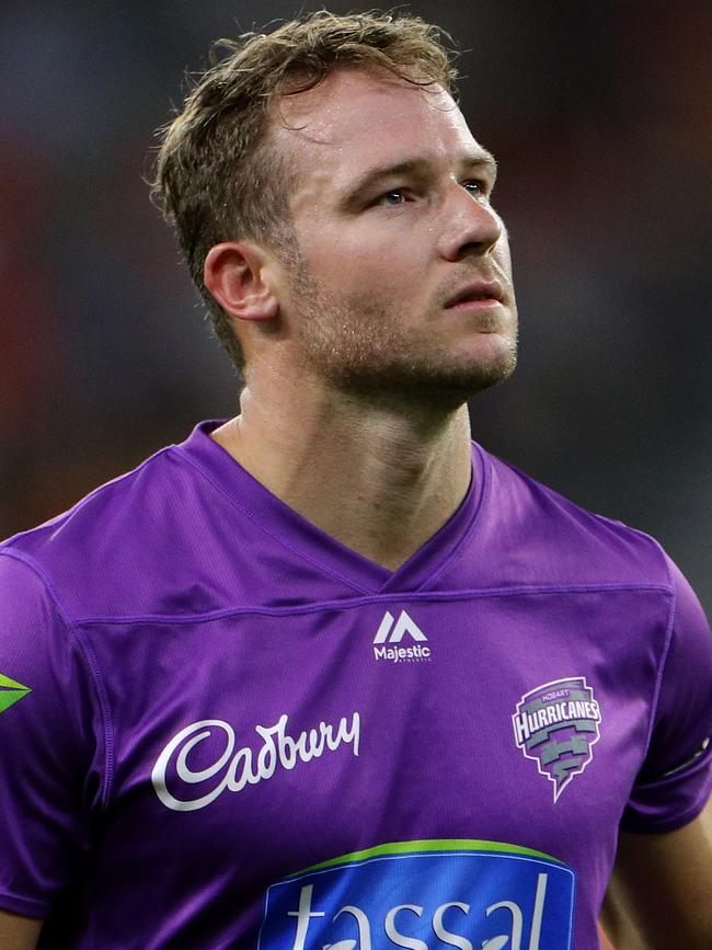 David Miller of the Hurricanes leaves the field after being dismissed by Fawad Ahmed of the Scorchers during the BBL match between the Perth Scorchers and Hobart Hurricanes at Optus Stadium in Perth, Sunday, January 5, 2020. Picture: AAP IMAGE/RICHARD WAINWRIGHT