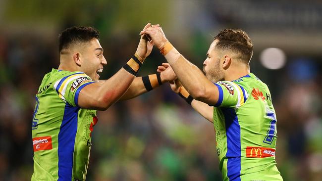 Nick Cotric (left) celebrates victory with Aidan Sezer.