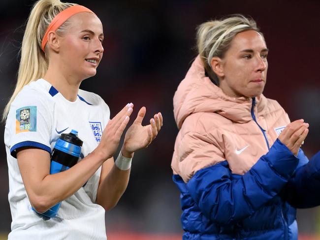 BRISBANE, AUSTRALIA - JULY 22: Chloe Kelly and Jordan Nobbs of England applaud the fans following their team's victory during the FIFA Women's World Cup Australia & New Zealand 2023 Group D match between England and Haiti at Brisbane Stadium on July 22, 2023 in Brisbane, Australia. (Photo by Justin Setterfield/Getty Images)