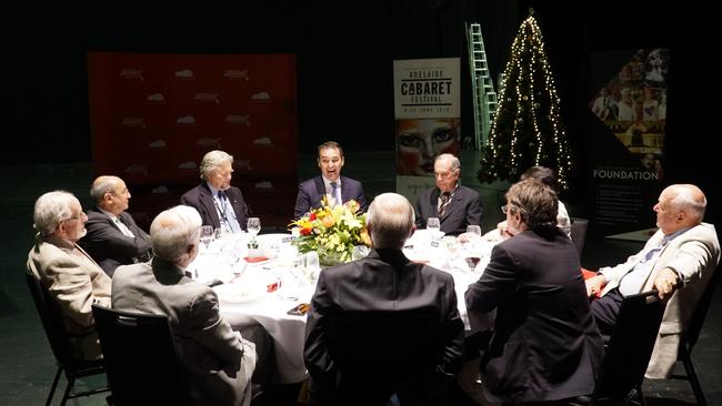  Premier Steven Marshall (centre) at a 90th birthday lunch on an Adelaide Festival Centre stage for former premier Steele Hall (right of Premier), honouring his role in establishing the centre. 