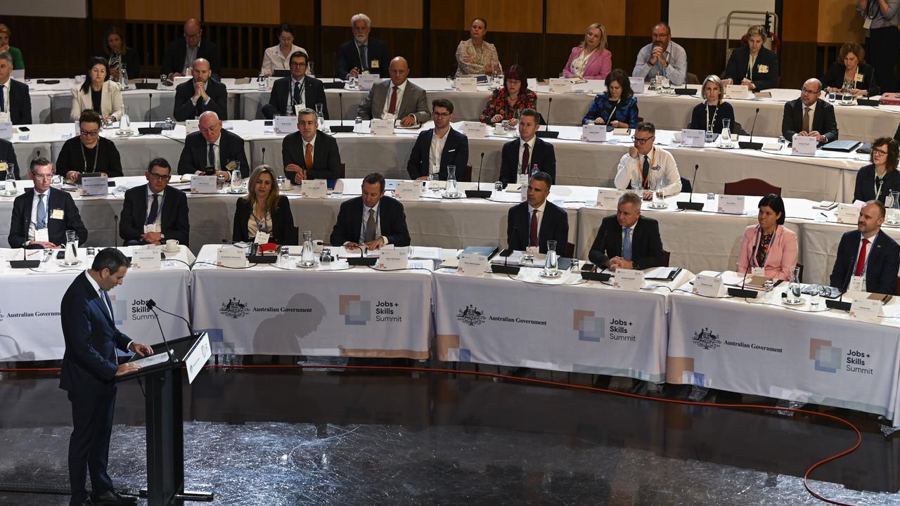 Treasurer, Jim Chalmers addresses the Jobs and Skills Summit at Parliament House in Canberra. Picture: Getty Images