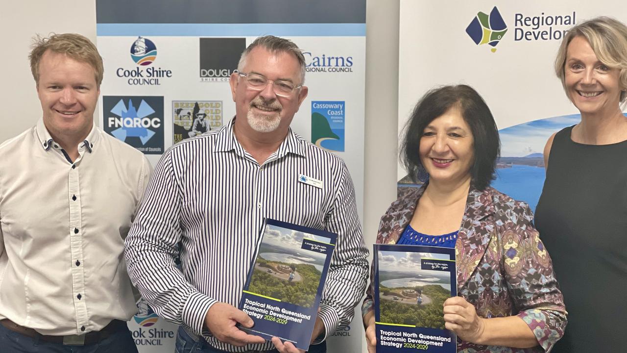 FNQROC interim executive officer Anthony Archie, FNQROC Chair Cr Michael Kerr, RDA Tropical North Chair Professor Hurriyet Babacan and RDA Tropical North CEO Sonja Johnson present the The Tropical North Queensland Economic Development Strategy 2024-2029. Photo: Dylan Nicholson