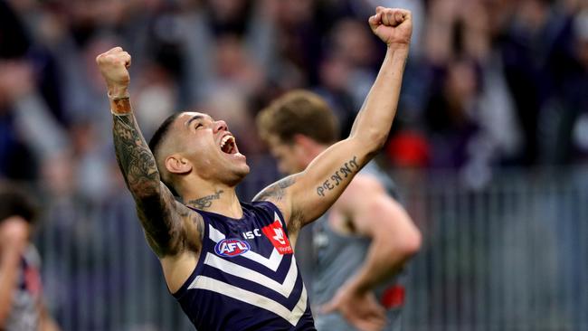 Michael Walters celebrates one of his six goals in Fremantle’s win over Port Adelaide. Picture: Image/Richard Wainwright.