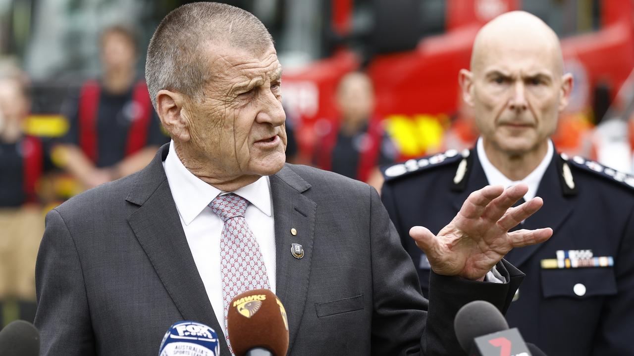 Hawthorn President Jeff Kennett speaks ahead of the AFL's Emergency Services Match. Picture: Darrian Traynor/Getty Images