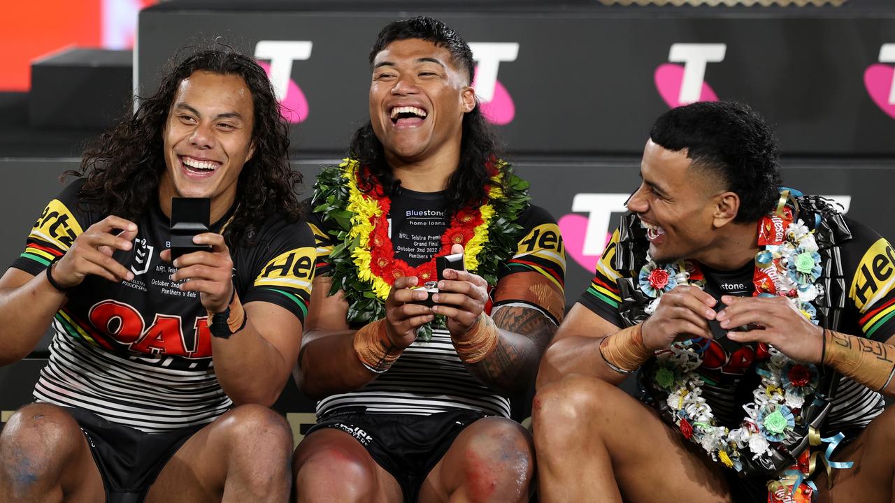 Jarome Luai, Brian To'o and Stephen Crichton celebrate the Panthers’ 2022 grand final win over Parramatta. Picture: Cameron Spencer/Getty Images