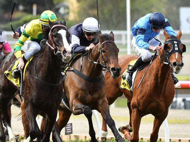 MELBOURNE, AUSTRALIA - AUGUST 26:  Damian Lane riding Pacodali defeats Ben Melham riding Almandin in Race 5  during Melbourne Racing at Moonee Valley Racecourse on August 26, 2017 in Melbourne, Australia.  (Photo by Vince Caligiuri/Getty Images)